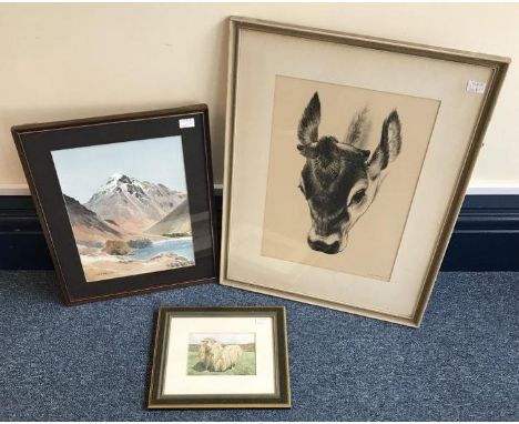 Ralph Thompson (1913-2009) pencil signed print of a buck, together with a small watercolour study of sheep, signed L S Donogh