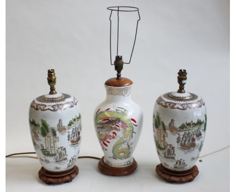 A pair of modern ovoid Chinese porcelain vase table lamps, decorated with fully-rigged wooden ships and medieval Italian buil