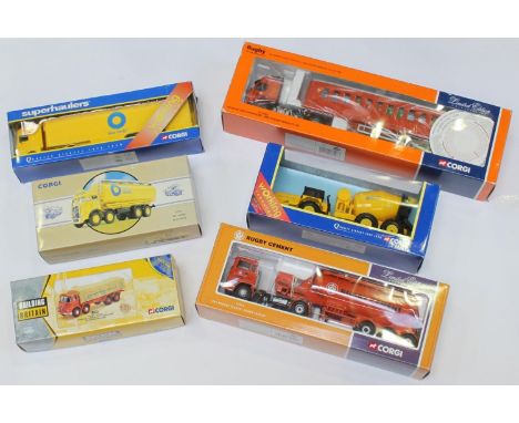 Six various Corgi scale model Cement vehicles comprising Rugby Cement Volvo FM Low Curtainside Lorry, Foden S21 8-wheel Platf