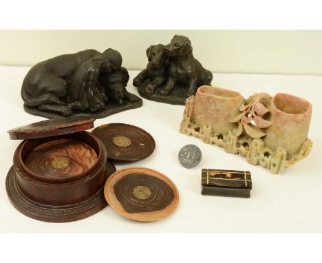 A 19th century Chinese soapstone pen holder, 17 cm long, together with a 19th century horn snuff box with inlaid faux tortois
