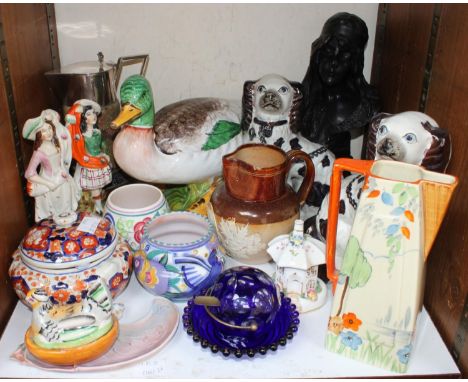 SECTION 26.  Various ceramics including a large duck, Staffordshire spaniels, Poole pottery vases, Doulton harvest jug, blue 