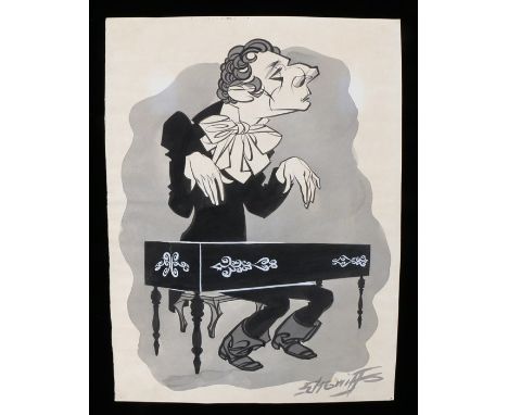 Robert Stewart Sherriffs (1906-1960), caricature study of a gentleman playing the harpsichord, signed ink and watercolour, un