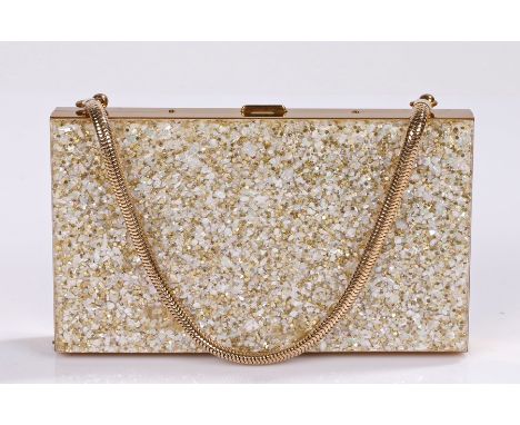 1950s Lucite glitter effect carry all compact with gold-tone snake wrist chain, for lipstick, powder, comb &amp; cigarettes w