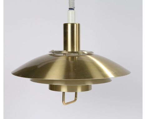 Brass hanging lamp, formed from three graduated metal shades, 38cm diameter