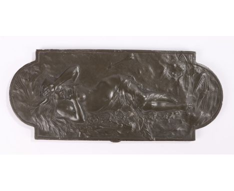 Auguste Louis Mathurin Moreau (French, 1834 - 1917) Art Nouveau pewter box lid, the cover with depiction of a semi-nude femal
