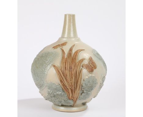 Bernard Rooke pottery lamp base, with raised butterfly, dragonfly and foliate decoration, 33cm high