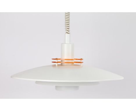 White ceiling lamp, formed from three circular shades, with two orange discs to the top section, 46cm diameter
