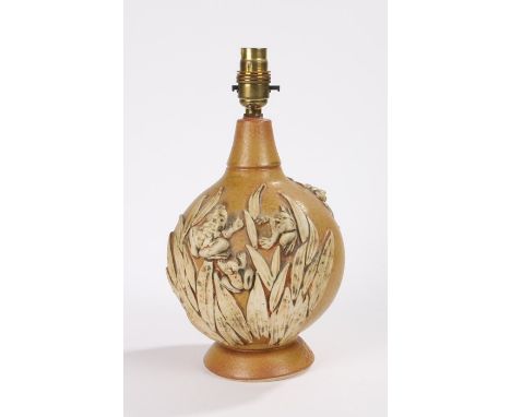 Bernard Rooke pottery reading lamp, with raised frog and reed decoration, initialled B.R. to base, 23cm high excluding lamp f