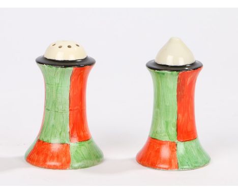 Clarice Cliff Newport Pottery Muffineer salt and pepper pots, with black rims above red and green decorated tapering bodies, 