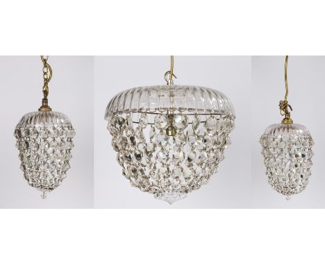 Edwardian glass circular light fitting with hanging prismatic drops, together with two smaller matching light fittings, the l