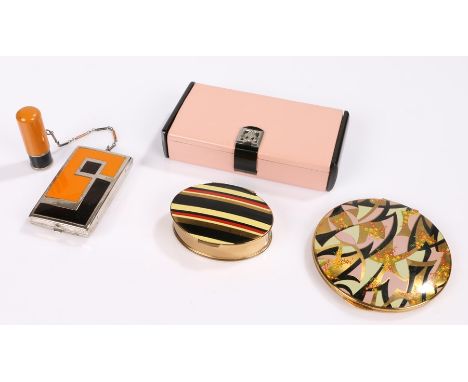 An orange &amp; black Art Deco compact with matching tandem lipstick on a chain in original box, a pink 'combination' compact