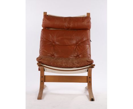 Ingmar Relling for Westnofa, a 'Siesta' chair with oak bentwood frame and brown leather button upholstered back and seat