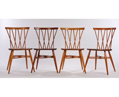 Set of four Ercol light blond elm and beech candlestick dining chairs, with curved cresting rails, crossed spindle turned spl