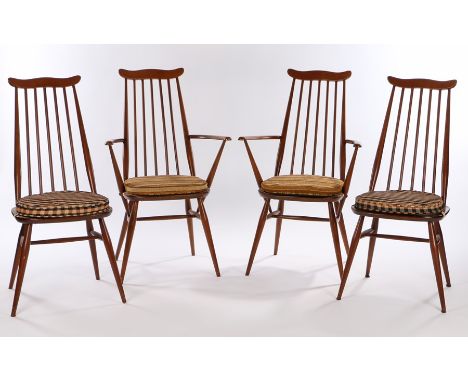 Pair of Ercol carver chairs, with turned spindle backs, solid dished seats, on splayed tapering legs, together with two simil