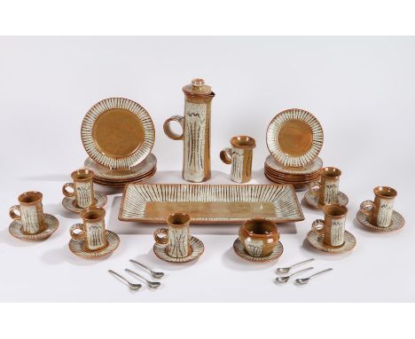 Paul Whalley pottery coffee set, consisting of seven coffee cups, eight saucers, eight side plates, five dessert plates, coff