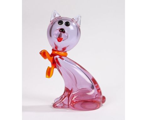 Murano glass cat, attributed to Cenedese, the cat with a pale purple body, a fire orange and red scarf and white rimmed eyes,