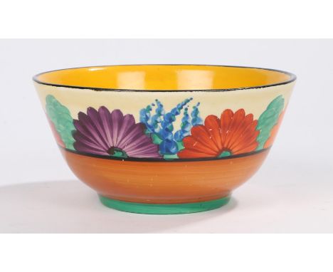 Clarice Cliff Bizarre Gayday Newport Pottery bowl, with foliate decoration, printed marks to base, 14cm diameter (AF)