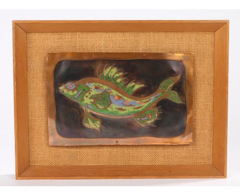 Sarah Phillips, "Fish No.2. 67", enamel on etched copper panel, housed on a hessian mount and beech frame, the panel 21cm x 1