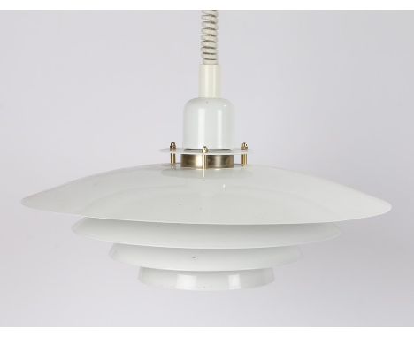 White hanging lamp, formed from four graduated metal shades, 44cm diameter