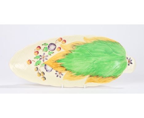 Clarice Cliff Newport pottery leaf shaped dish, decorated with a leaf, fruit and flowers, printed marks to base and numbered 