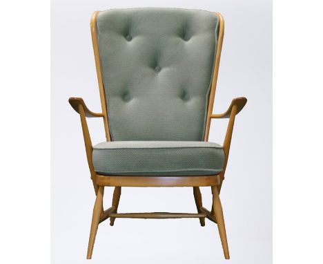 Ercol elm high back armchair, with fitted button back cushion and seat cushion, curved arms on turned supports, on turned tap