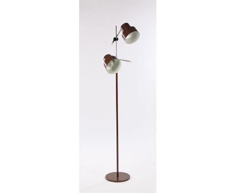 1970's floor standing lamp, with two adjustable arms each with a brown painted shade, 135cm high