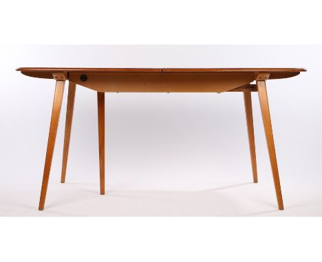 Ercol elm and beech extending dining table, the rectangular top with rounded corners above angled legs, to include an additio