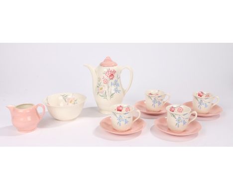 Clarice Cliff for Royal Staffordshire "Pink Susan" pattern coffee service, consisting of coffee pot, milk jug, sugar bowl, fo