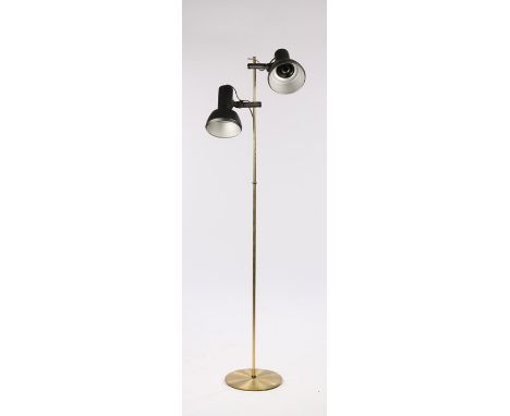 1970's floor standing lamp, with two adjustable arms each with a black shade, 142cm high 