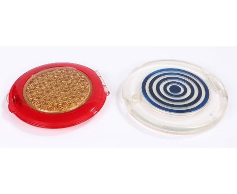 Large 'Mavco' 'Eleanor Hamlink' signed pancake compact(11cm) in red &amp; gold decorative plexiglass from the late 1940s, a l