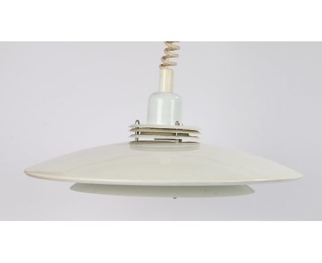 Cream painted hanging lamp, with two tapering shades, 48cm diameter