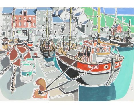 I.B. harbour scene with boats, watercolour, initialled and dated '99, housed in a light oak frame, the watercolour 34.5cm x 2