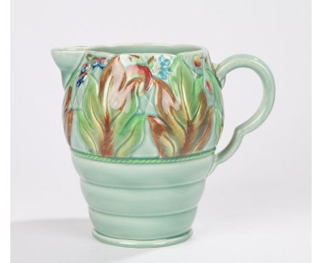 Clarice Cliff Newport Pottery jug, with raised autumnal leaves and ribbed decoration, printed marks to base and numbered 41A,