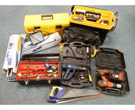 Titan 2000W heat gun, Black and Decker cordless drill, two tile cutters, three tool boxes containing various hand tools of us