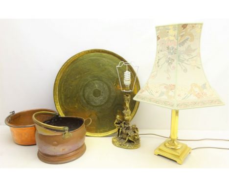 Copper coal scuttle and jam pan, large circular Eastern charger/ table top, brass table lamp with shade and a figural table l