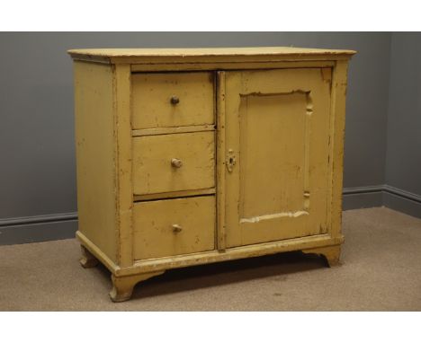 Early 19th century pine side cabinet, three drawers and panelled cupboard, enclosing two shelves, bracket supports, painted f