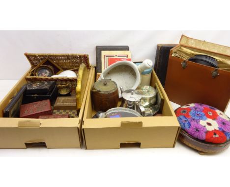 Pair Chinese cinnabar lacquer oblong boxes, Victorian papier mache tea caddy, Keswick Staybrite pin dish, commemorative medal