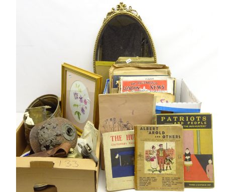 Two WW1 humorous books, Pickelhaube helmet for restoration, slide rule in leather case, Royalty commemorative ephemera, brass