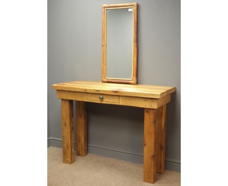 Waxed pine console table with single drawer (W116cm, H85cm, D45cm), and a rectangular bamboo framed mirror Condition Report C