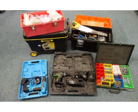 Hitachi UC 18YG cordless drill, Knauf 0523-180 cord less drill, metabo screw and wall plug  two toolboxes containing various 