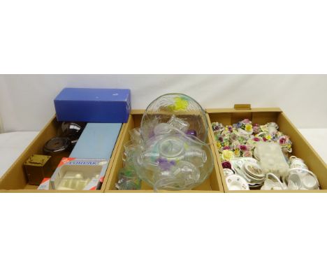 Vintage Sirram metal cased fitted vanity box, two glass punch sets, floral encrusted posy bowls, boxed decanter and glasses, 