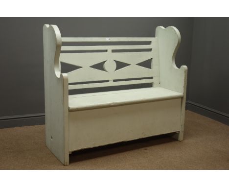 Pine hall bench, pierced back, with hinged seat encolising storage space, solid end supports, painted finish, W117cm, H105cm,