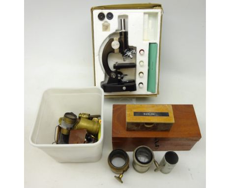 Students microscope in original box with slides and tools, lenses, Foden light meter and other scientific instruments  Condit