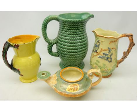 Burleigh Ware pottery Aladdin's lamp, Burleigh ware Dragon moulded jug, Arthur Wood Kingfisher pattern jug, H20cm and Govencr