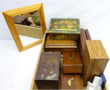 Collection of wooden boxes and other items including; 'The Glamat Lamp Protector' wooden box, wooden framed mirror, H38cm, W2