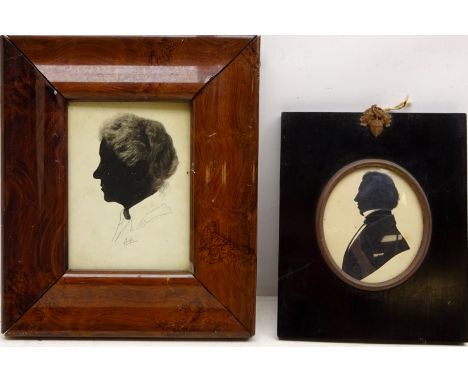 Silhouette Portrait of Gentleman, oval 19th century painted on paper 8.5cm x 7cm and Portrait of a Lady, silhouette signed Le