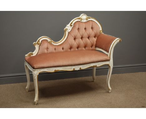 Small chaise lounge, back scrolled and carved with foliate and shell, deep button upholstered back and seat, cabriole legs, L