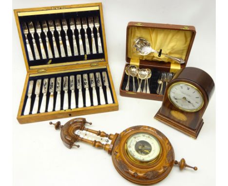 Victorian carved oak barometer, set of twelve Edwardian dessert knives and forks, with mother of pearl handles and silver col