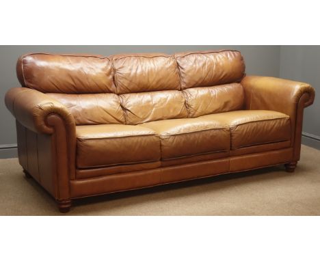 Traditional shaped three seat sofa upholstered in tan leather, W210cm Condition Report Click here for further images, conditi