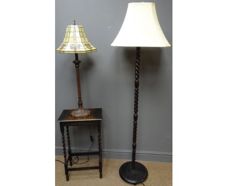 Tiffany style bronzed table lamp, the base having Dragonfly moulded decoration, H83cm and a barley twist standard lamp (2) Co